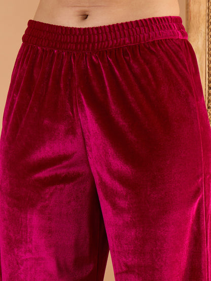 Women Fuchsia Velvet Embroidered Short Kurta With Straight Pants