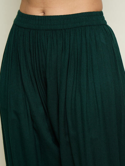 Women Green Woollen Embroidered V-Neck Short Kurta With Farshi Salwar