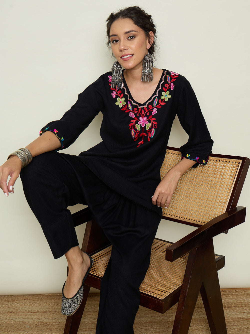 Women's Women Black Woollen Embroidered V-Neck Short Kurta With Farshi Salwar in Wool Acrylic by Shae for wholesale, bulk, supplier, manufacturer and wholesaler buyers from Trendph
