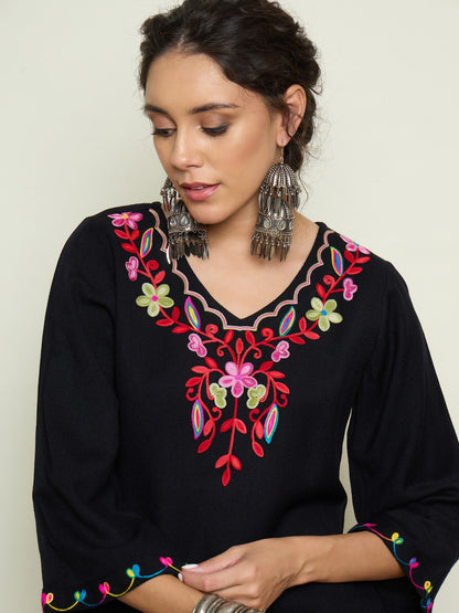 Women Black Woollen Embroidered V-Neck Short Kurta With Farshi Salwar