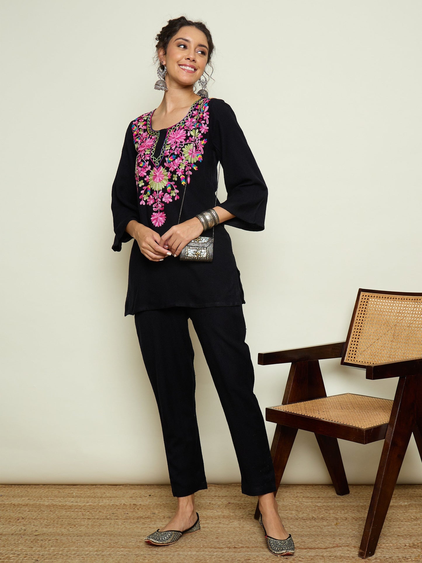 Women Black Woollen Embroidered Round Neck Short Kurta With Pencil Pants