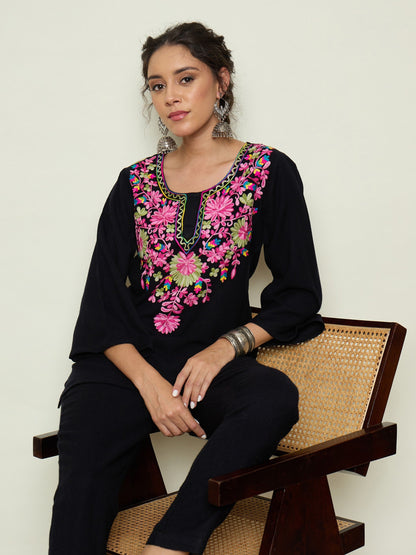 Women Black Woollen Embroidered Round Neck Short Kurta With Pencil Pants