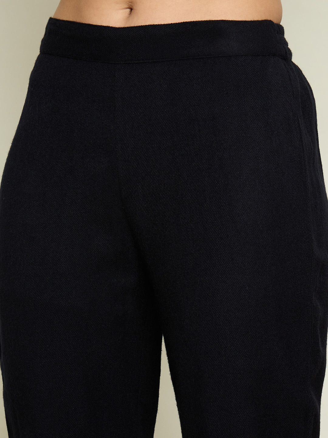 Women Black Woollen Embroidered Round Neck Short Kurta With Pencil Pants