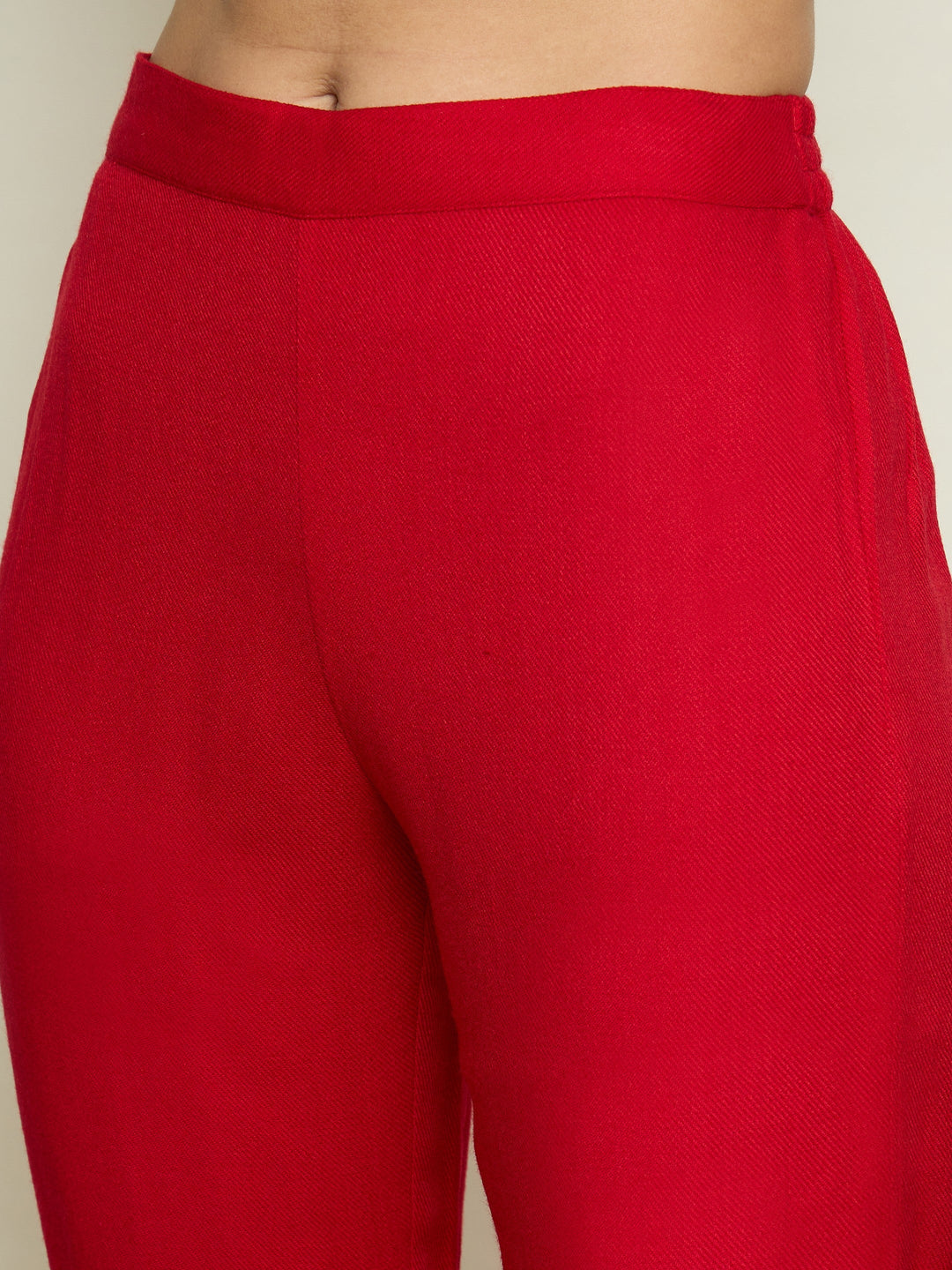 Women Red Woollen Embroidered Round Neck Short Kurta With Pencil Pants