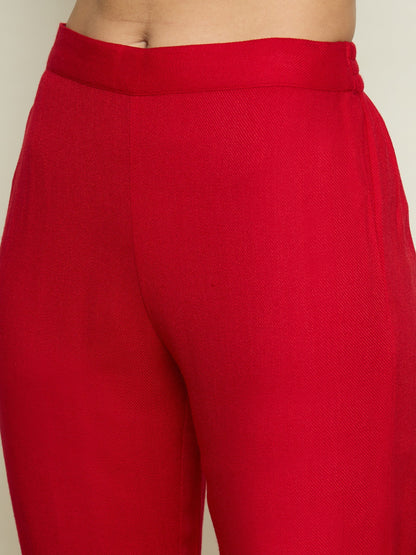 Women Red Woollen Embroidered Round Neck Short Kurta With Pencil Pants
