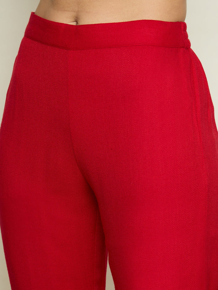 Women Red Woollen Embroidered Round Neck Short Kurta With Pencil Pants