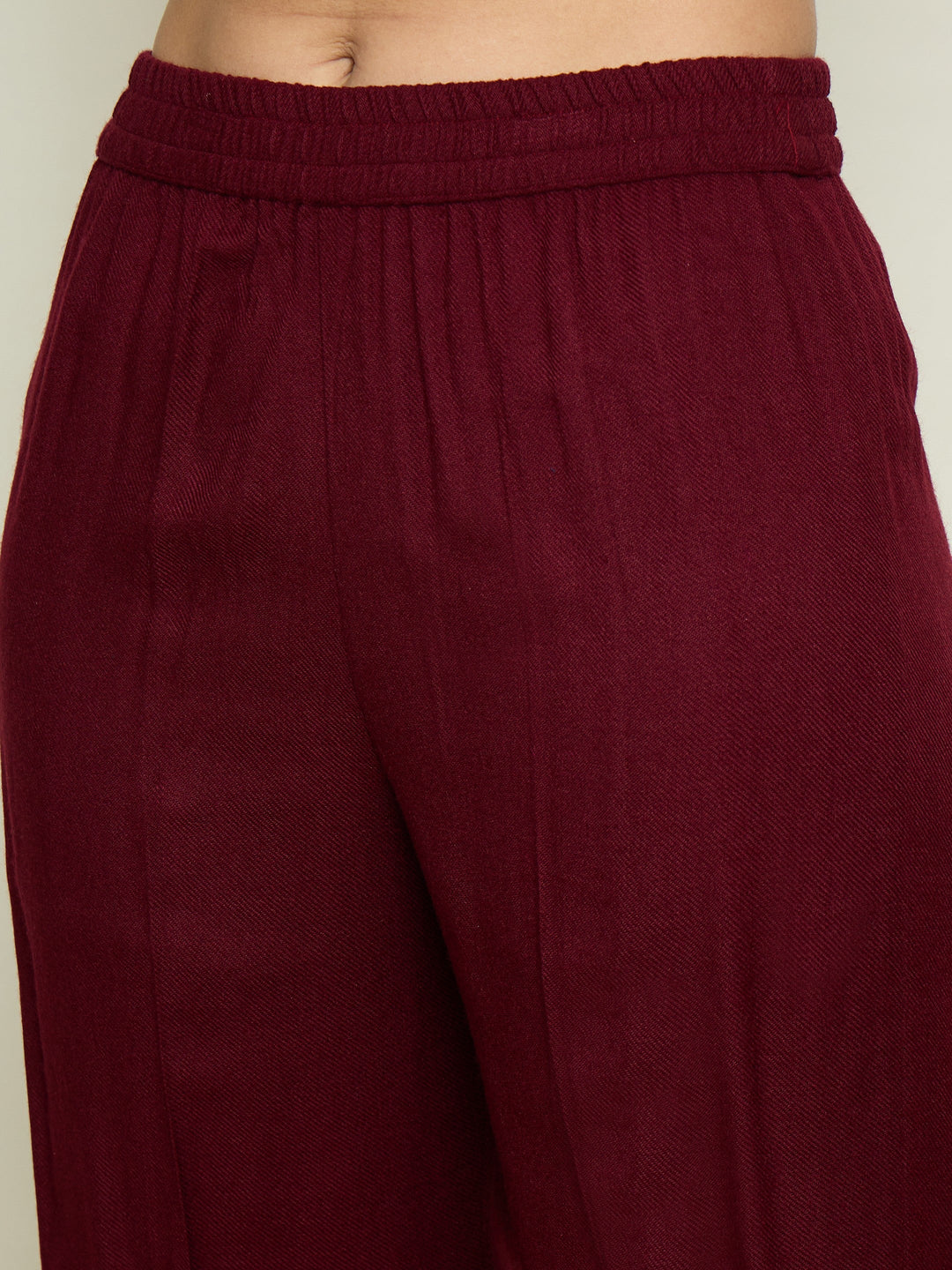 Women Maroon Woollen Embroidered Round Neck Short Kurta With Straight Pants