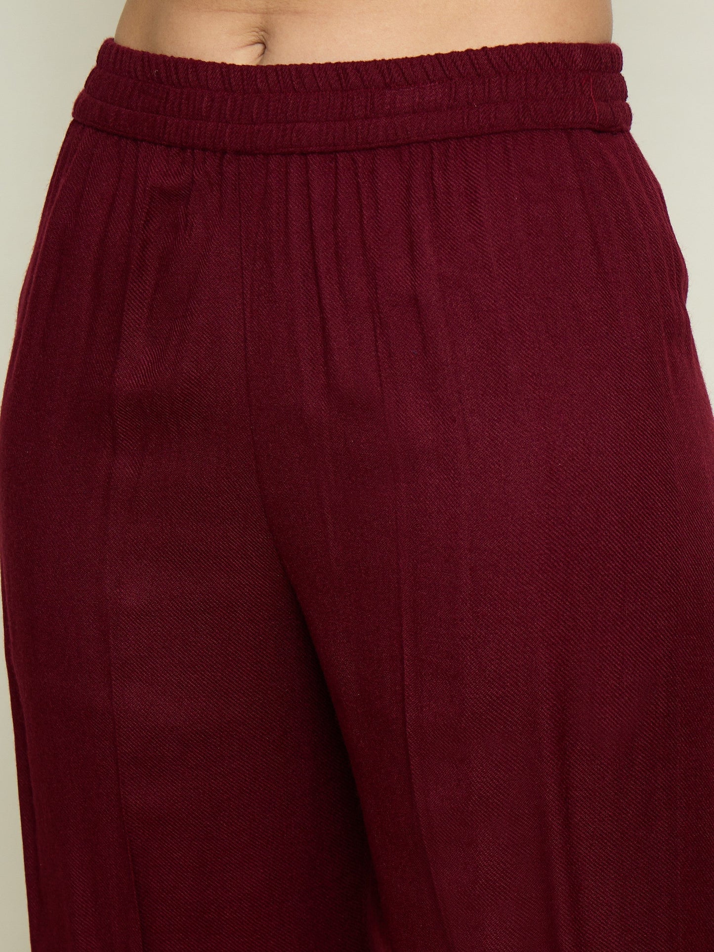 Women Maroon Woollen Embroidered Round Neck Short Kurta With Straight Pants