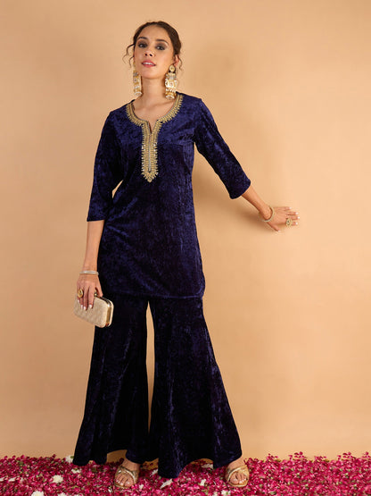 Women Navy Blue Velvet Embroidered Short Kurta With Palazzos