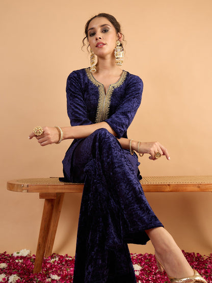 Women Navy Blue Velvet Embroidered Short Kurta With Palazzos