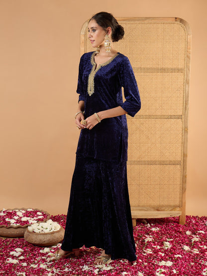 Women Navy Blue Velvet Embroidered Short Kurta With Palazzos