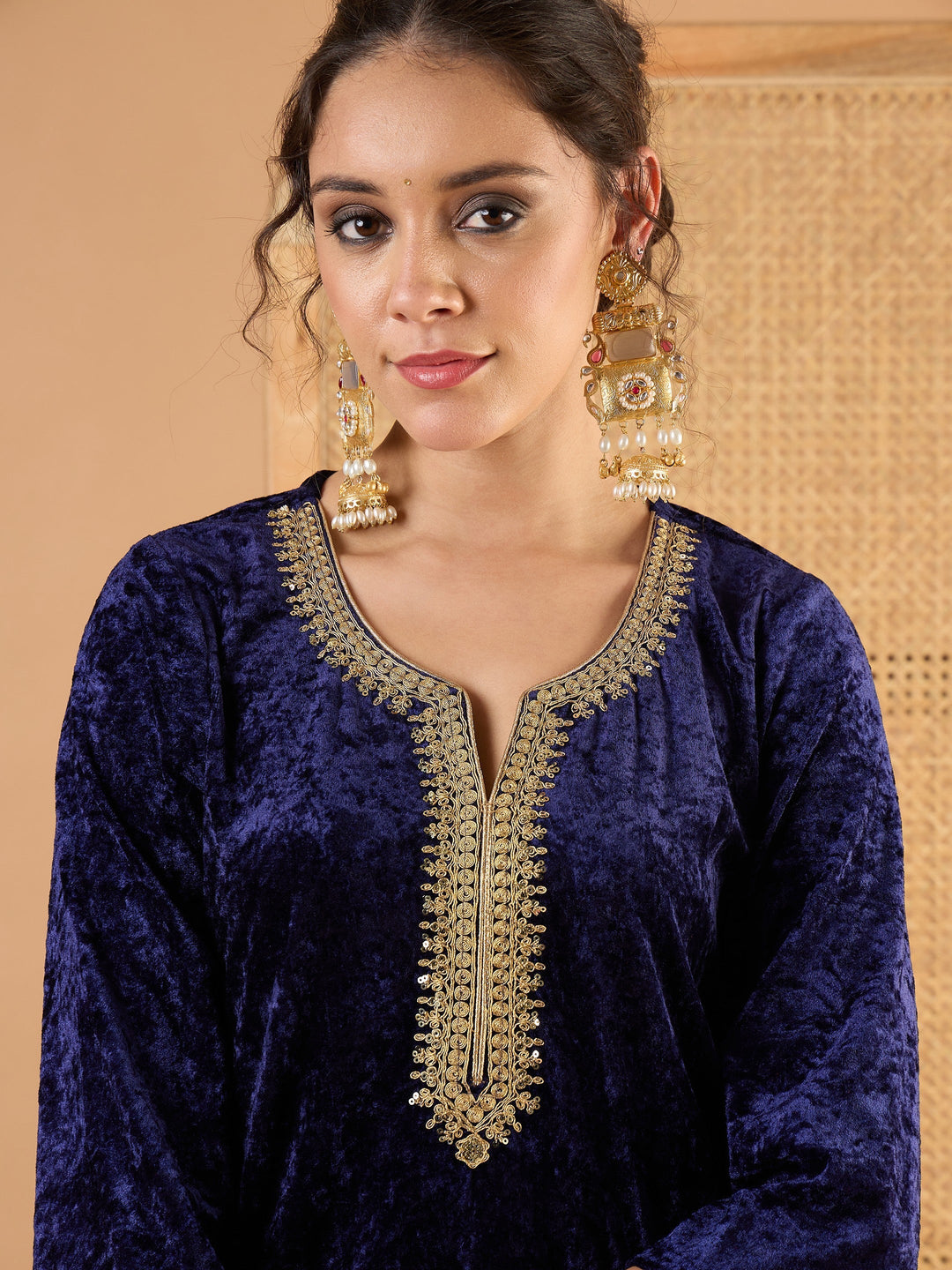 Women Navy Velvet Embroidered Short Kurta With Palazzos