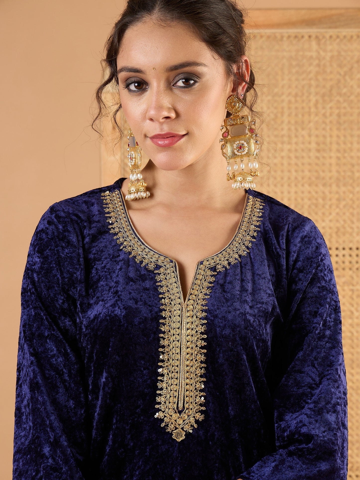 Women Navy Blue Velvet Embroidered Short Kurta With Palazzos