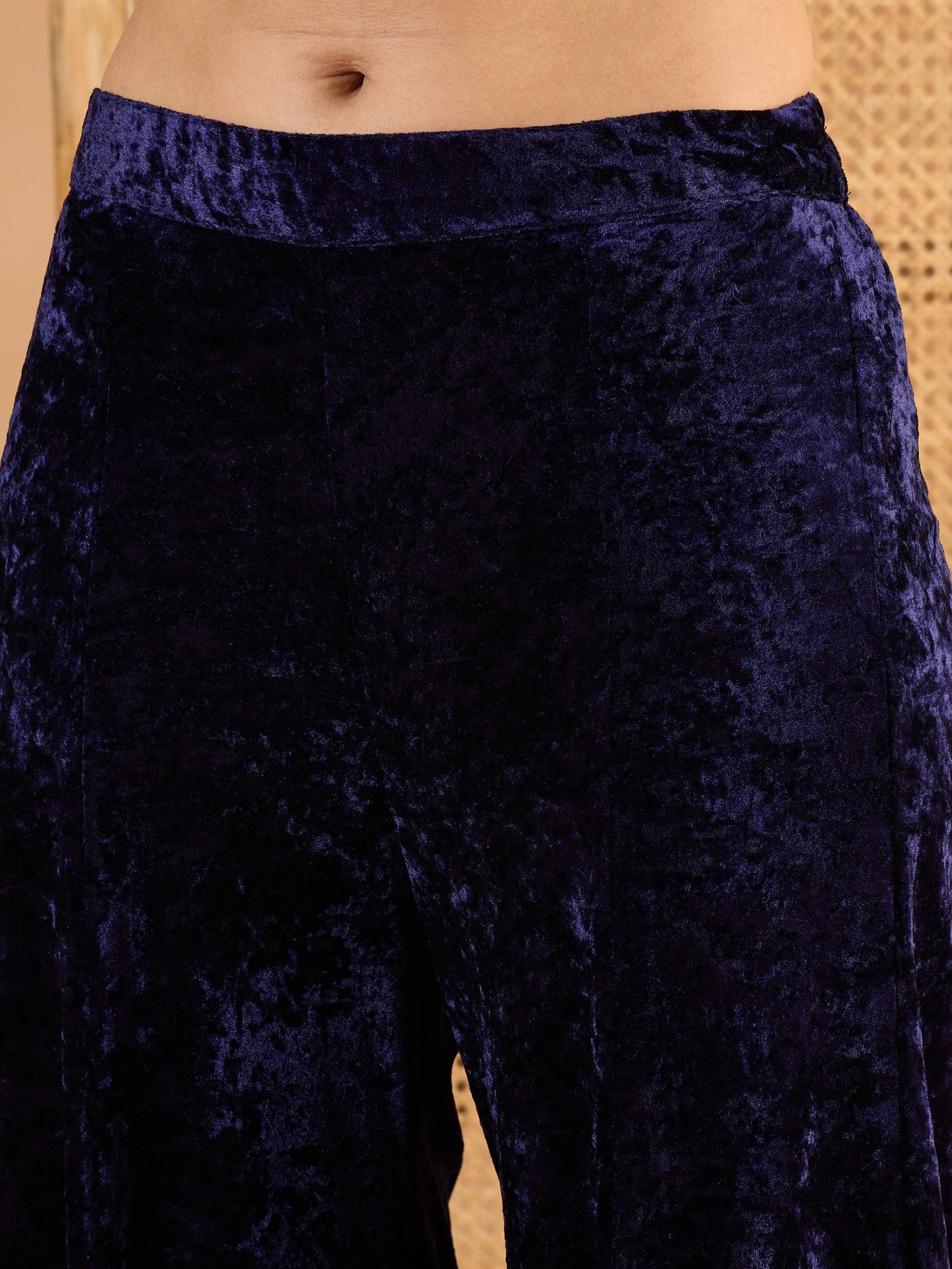 Women Navy Blue Velvet Embroidered Short Kurta With Palazzos