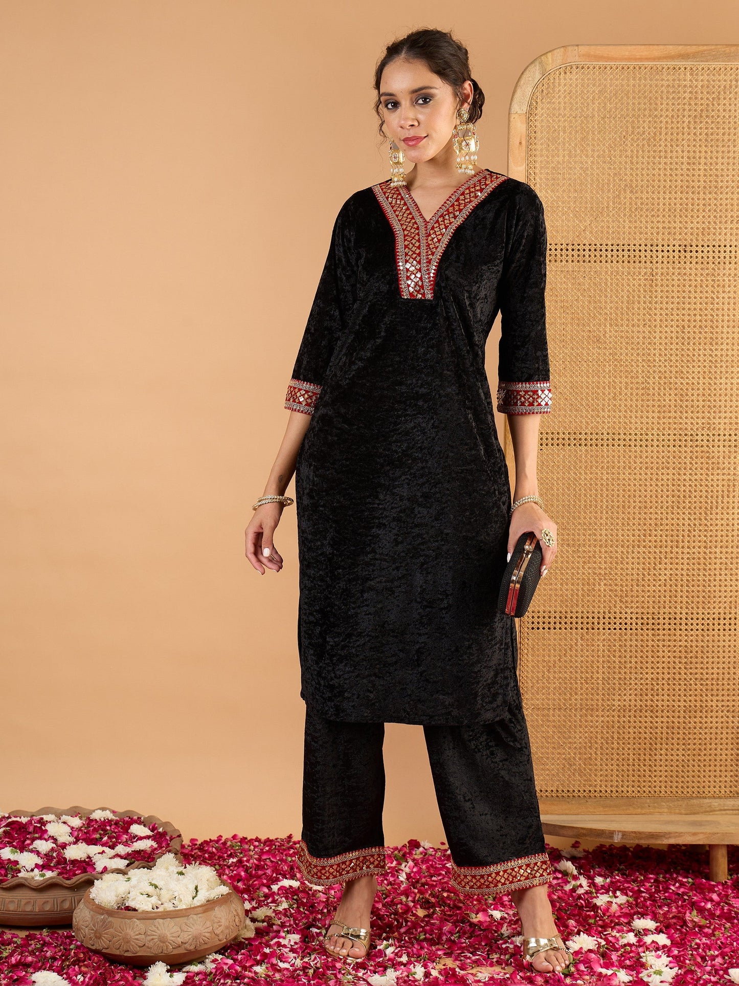 Women Black Velvet V Neck Embroidered Kurta With Straight Pants