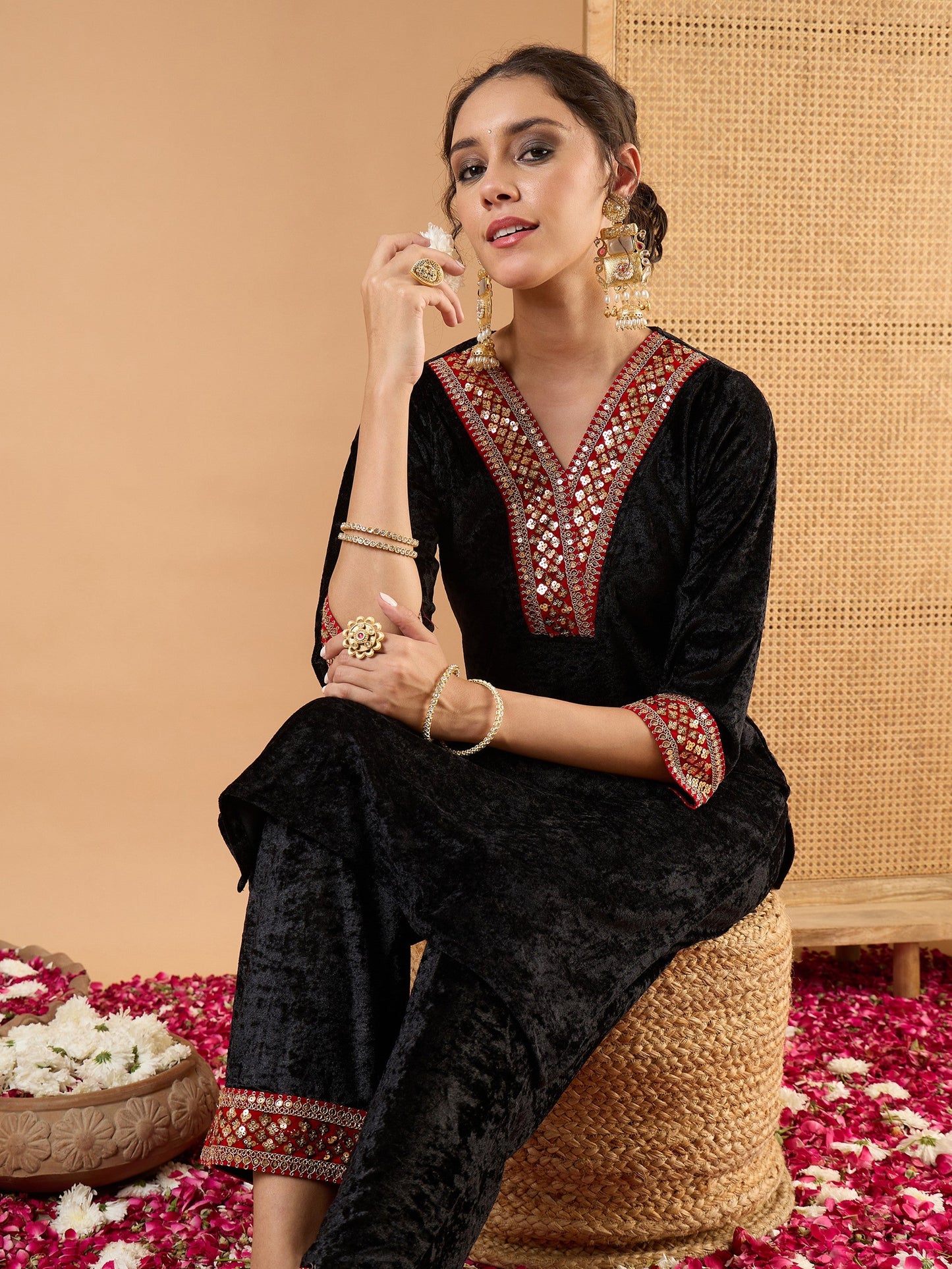 Women Black Velvet V Neck Embroidered Kurta With Straight Pants
