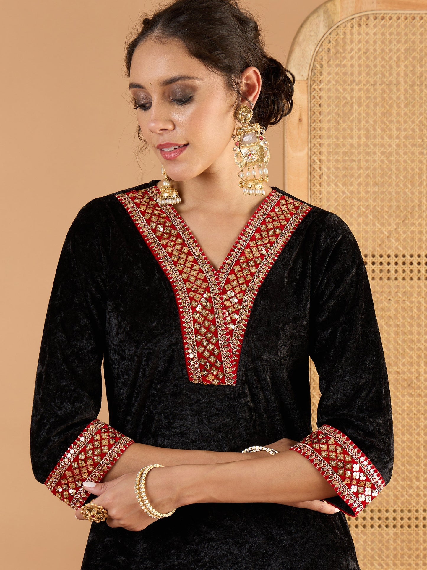 Women Black Velvet V Neck Embroidered Kurta With Straight Pants