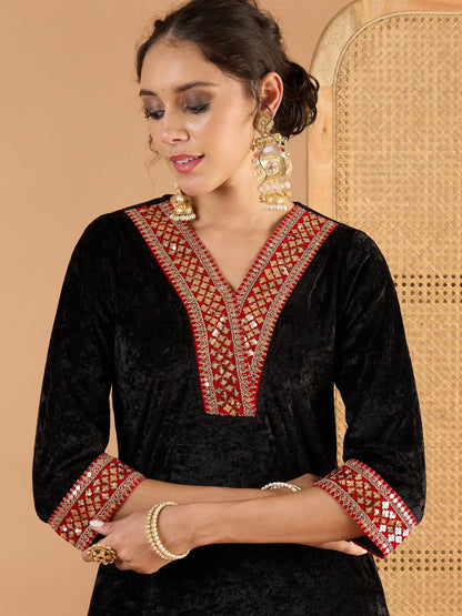Women Black Velvet V Neck Embroidered Kurta With Straight Pants