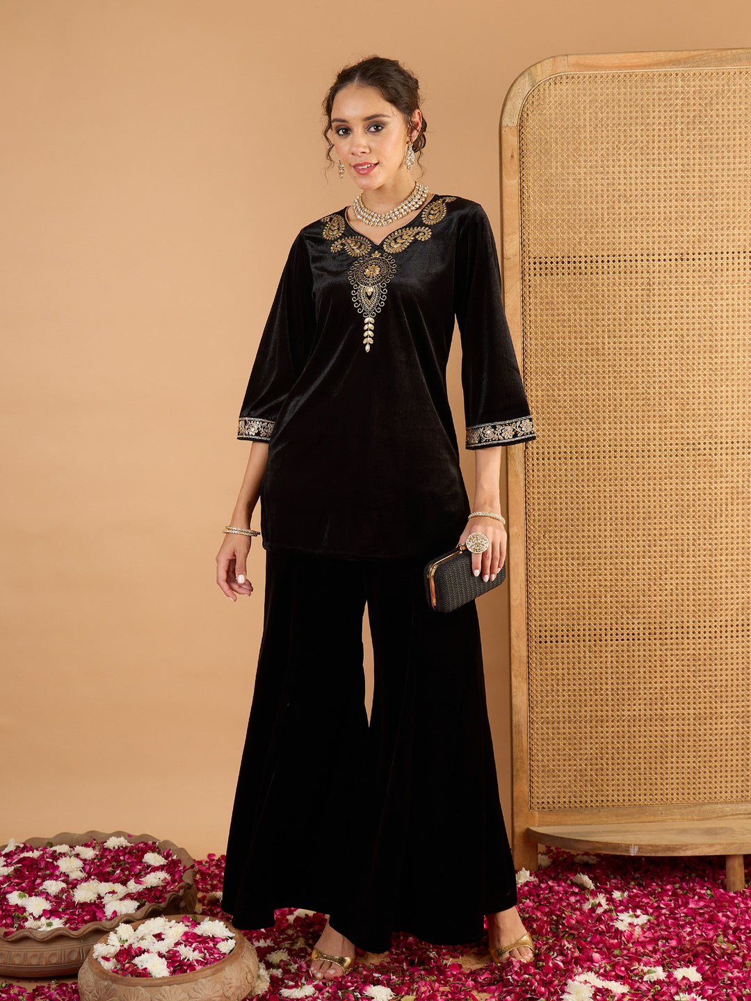 Women's Women Black Velvet Embroidered V Neck Short Kurta With Palazzos in Velvet by Shae for wholesale, bulk, supplier, manufacturer and wholesaler buyers from Trendphoria