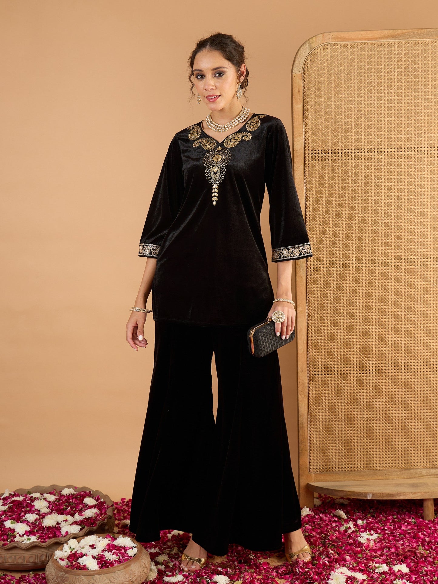 Women Black Velvet Embroidered V Neck Short Kurta With Palazzos