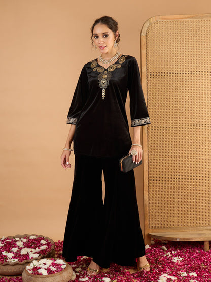 Women Black Velvet Embroidered V Neck Short Kurta With Palazzos
