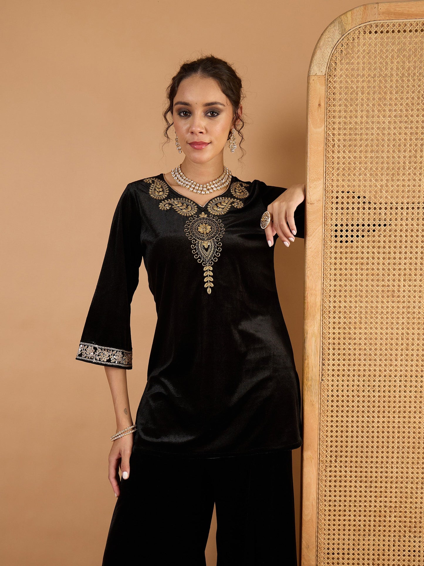 Women Black Velvet Embroidered V Neck Short Kurta With Palazzos