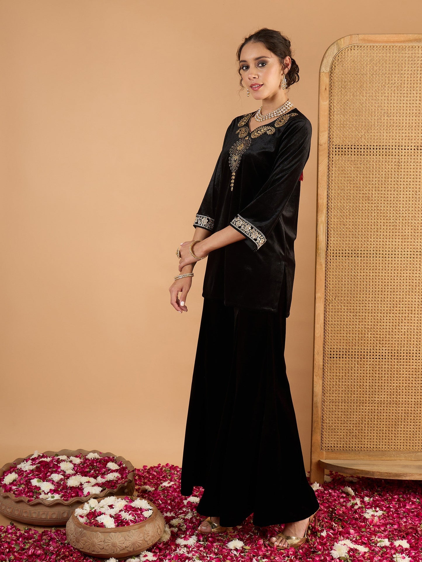 Women Black Velvet Embroidered V Neck Short Kurta With Palazzos