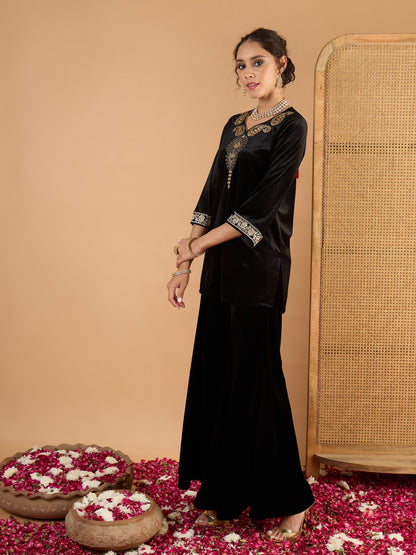 Women Black Velvet Embroidered V Neck Short Kurta With Palazzos