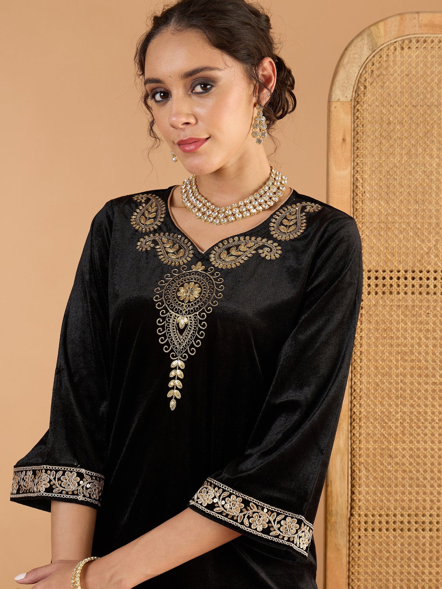Women Black Velvet Embroidered V Neck Short Kurta With Palazzos