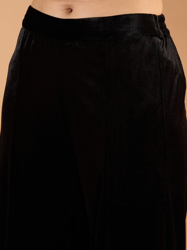 Women Black Velvet Embroidered V Neck Short Kurta With Palazzos