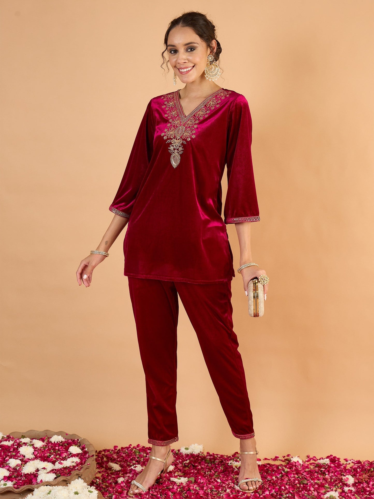Women Fuchsia Velvet Embroidered Short Kurta With Pencil Pants