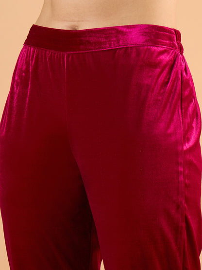 Women Fuchsia Velvet Embroidered Short Kurta With Pencil Pants