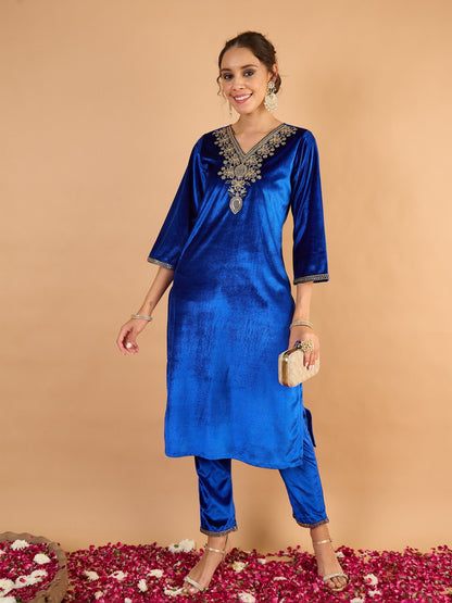 Women Royal Blue Velvet Embroidered Straight Kurta With Pencil Pants