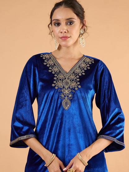 Women Royal Blue Velvet Embroidered Straight Kurta With Pencil Pants