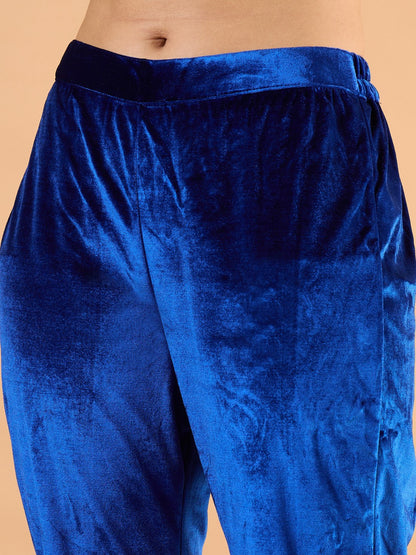 Women Royal Blue Velvet Embroidered Straight Kurta With Pencil Pants