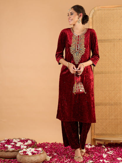 Women Maroon Velvet Embroidered Straight Kurta With Straight Pants