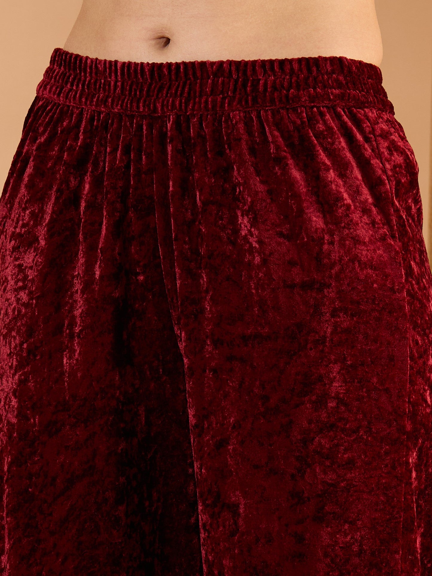Women Maroon Velvet Embroidered Straight Kurta With Straight Pants