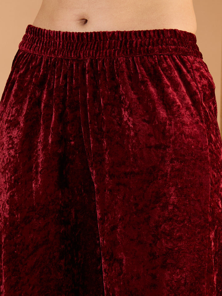 Women Maroon Velvet Embroidered Straight Kurta With Straight Pants