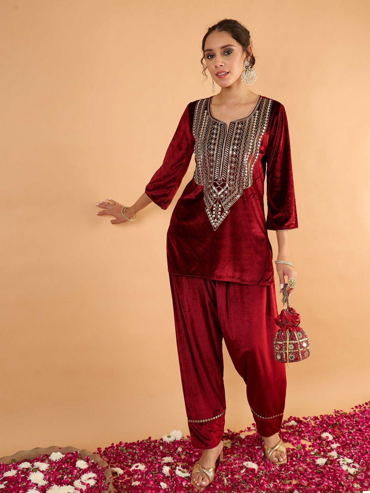 Women Maroon Velvet Embroidered Short Kurta With Farshi Salwar