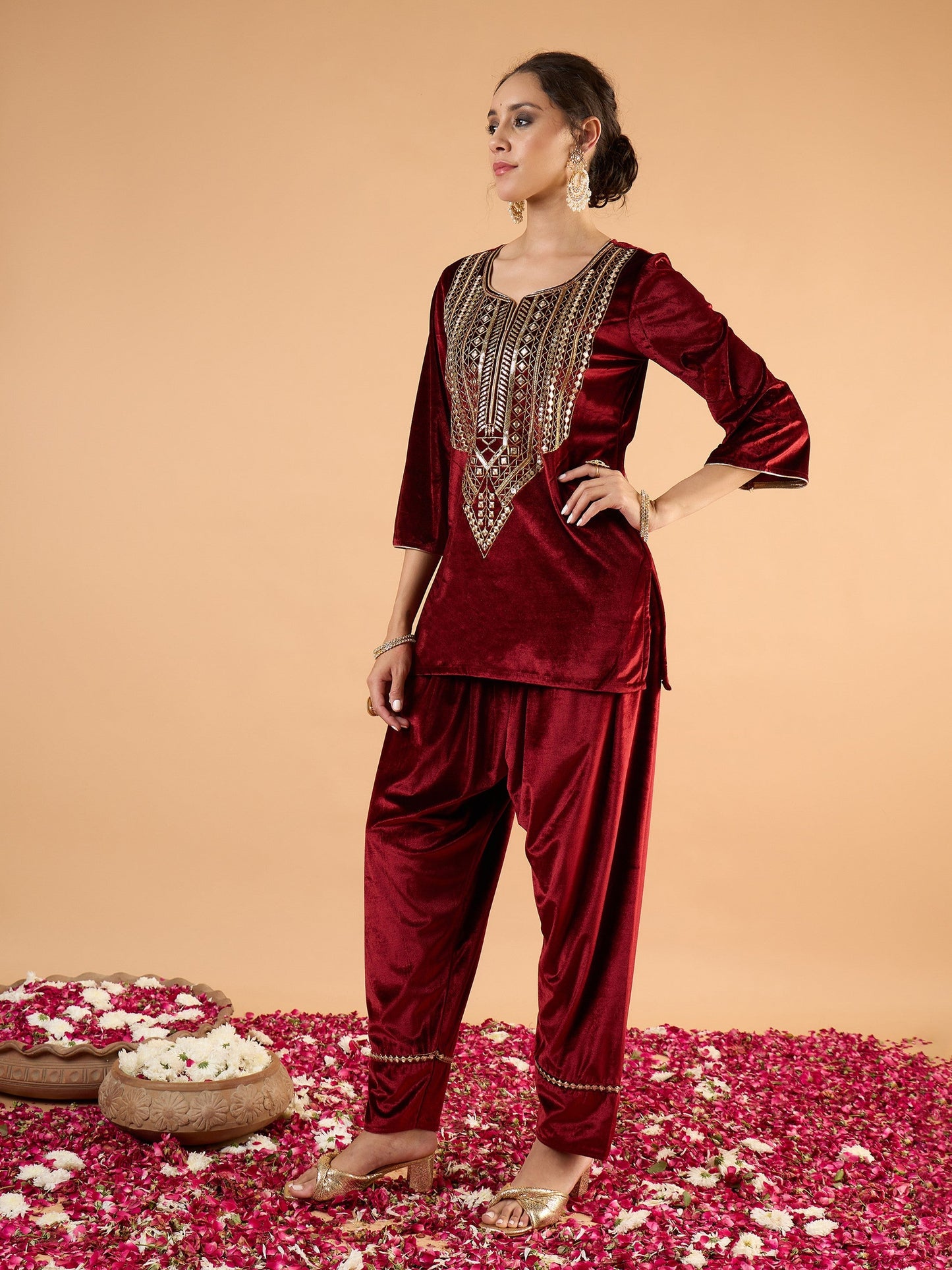 Women Maroon Velvet Embroidered Short Kurta With Farshi Salwar