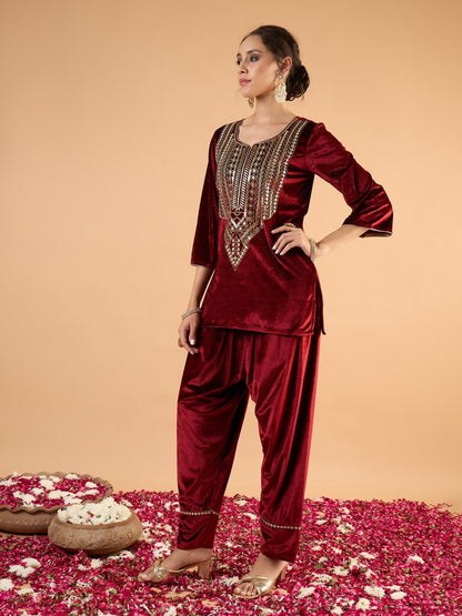 Women Maroon Velvet Embroidered Short Kurta With Farshi Salwar