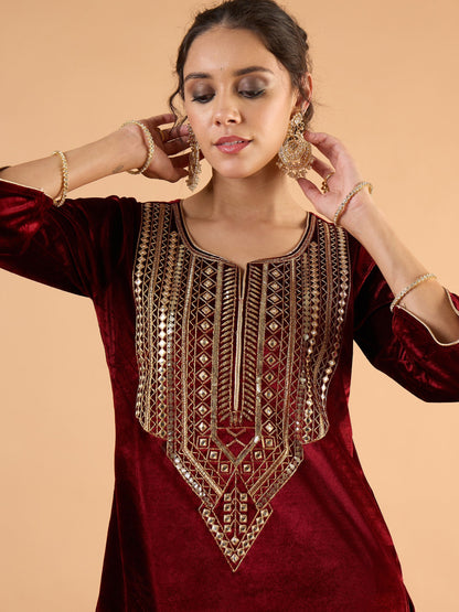 Women Maroon Velvet Embroidered Short Kurta With Farshi Salwar