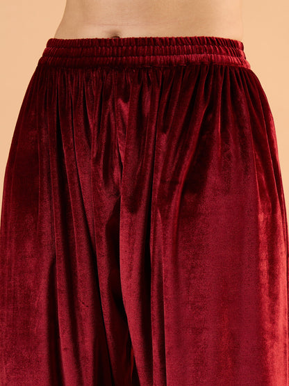 Women Maroon Velvet Embroidered Short Kurta With Farshi Salwar