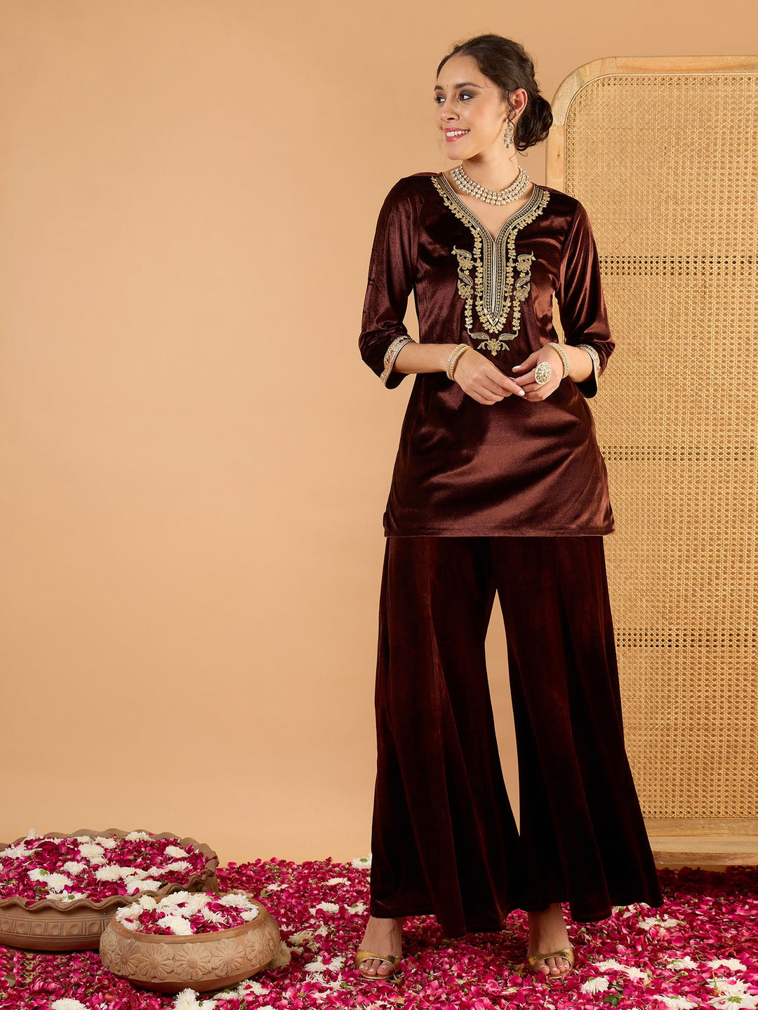 Women's Women Brown Velvet Embroidered Short Kurta With Palazzo in Velvet by Shae for wholesale, bulk, supplier, manufacturer and wholesaler buyers from Trendphoria