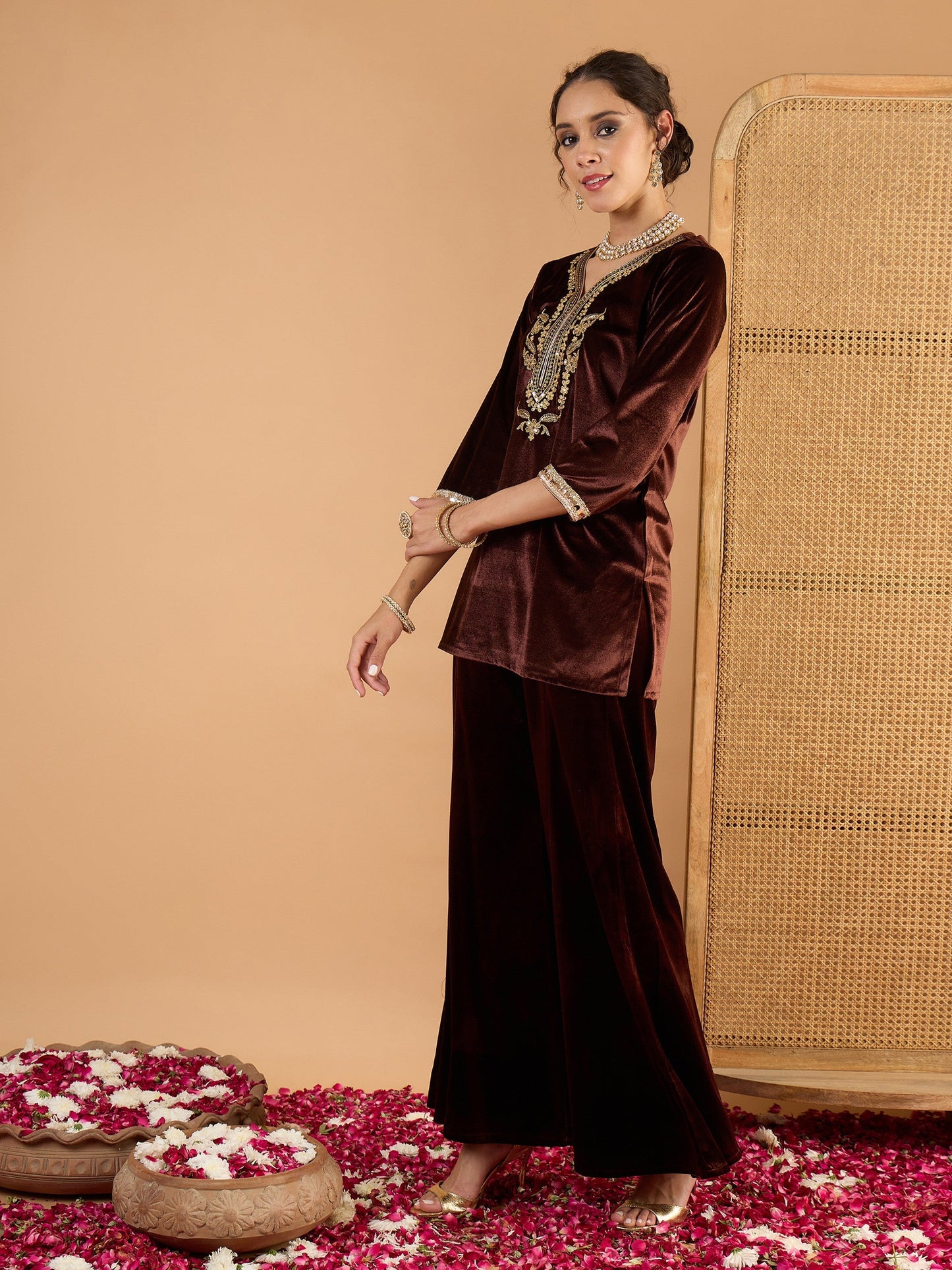 Women Brown Velvet Embroidered Short Kurta With Palazzo