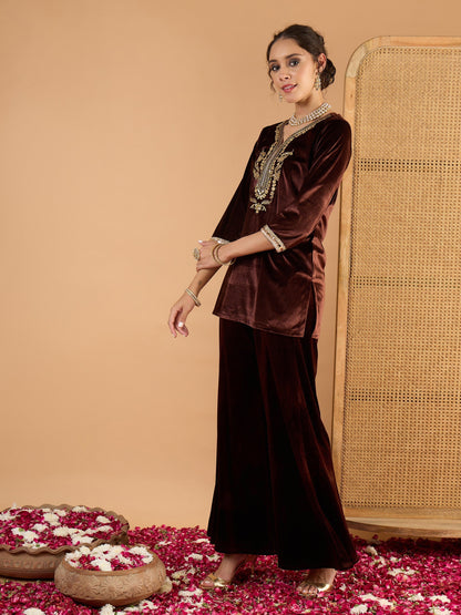 Women Brown Velvet Embroidered Short Kurta With Palazzo