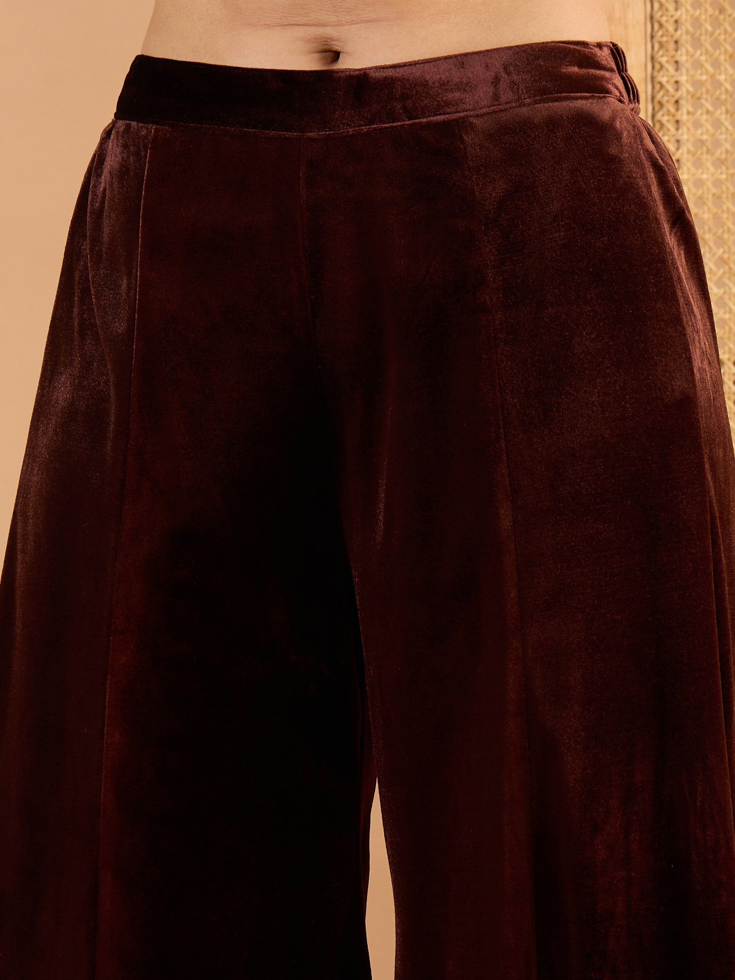 Women Brown Velvet Embroidered Short Kurta With Palazzo