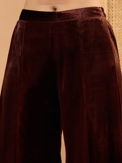 Women Brown Velvet Embroidered Short Kurta With Palazzo