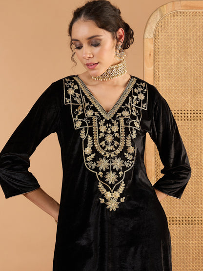 Women Black Velvet Embroidered Straight Kurta With Straight Pants