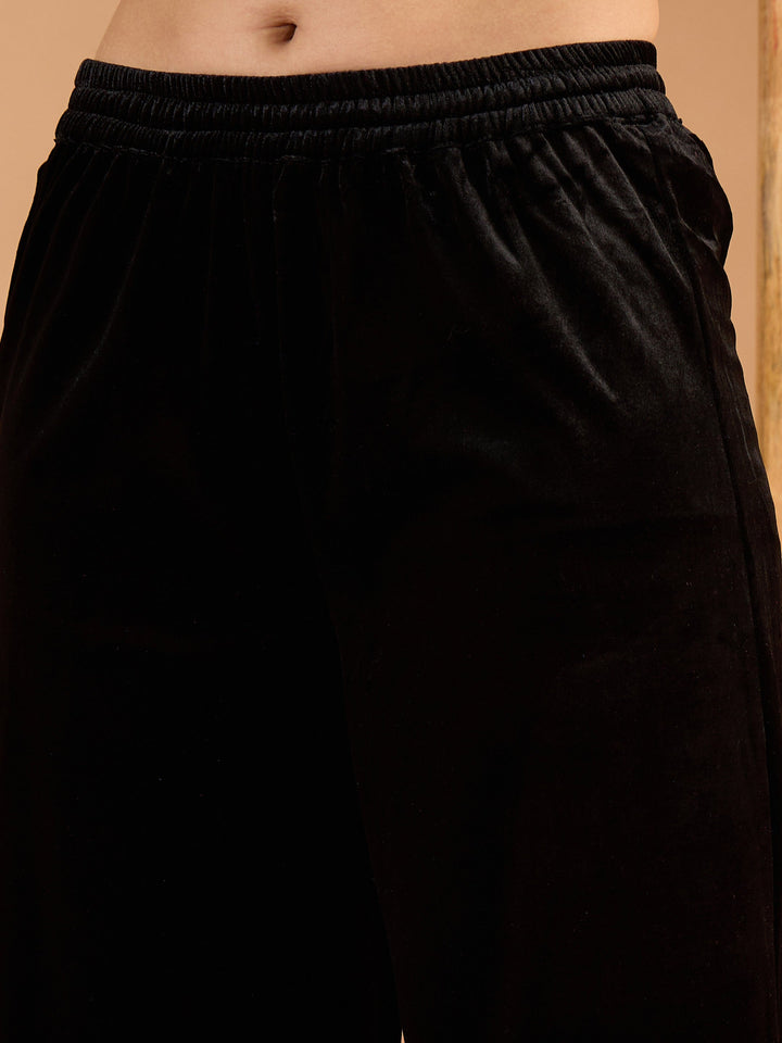 Women Black Velvet Embroidered Straight Kurta With Straight Pants